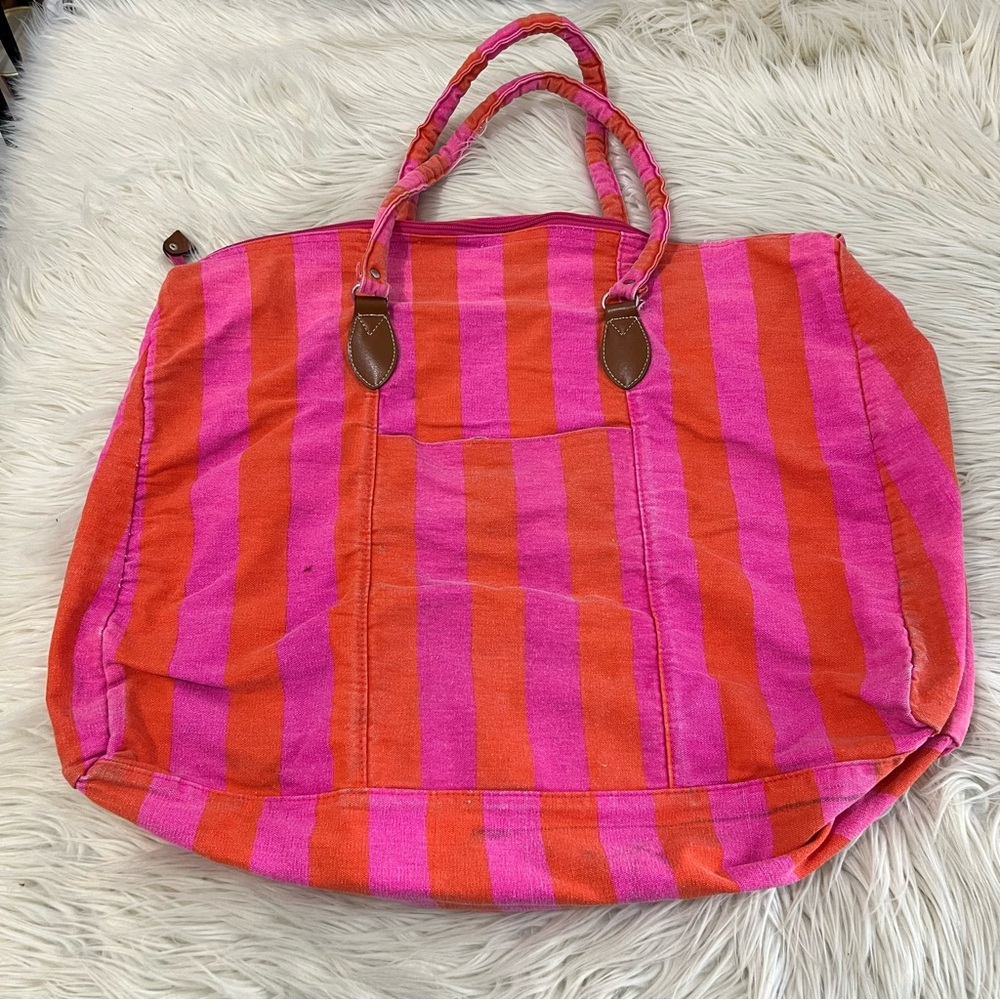Gitano Vintage 1980s Pink Orange Striped Large Purse Beach Bag Zip Tote